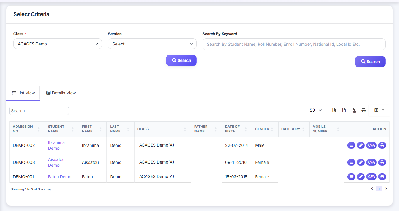 Informations élève — Student list screenshot