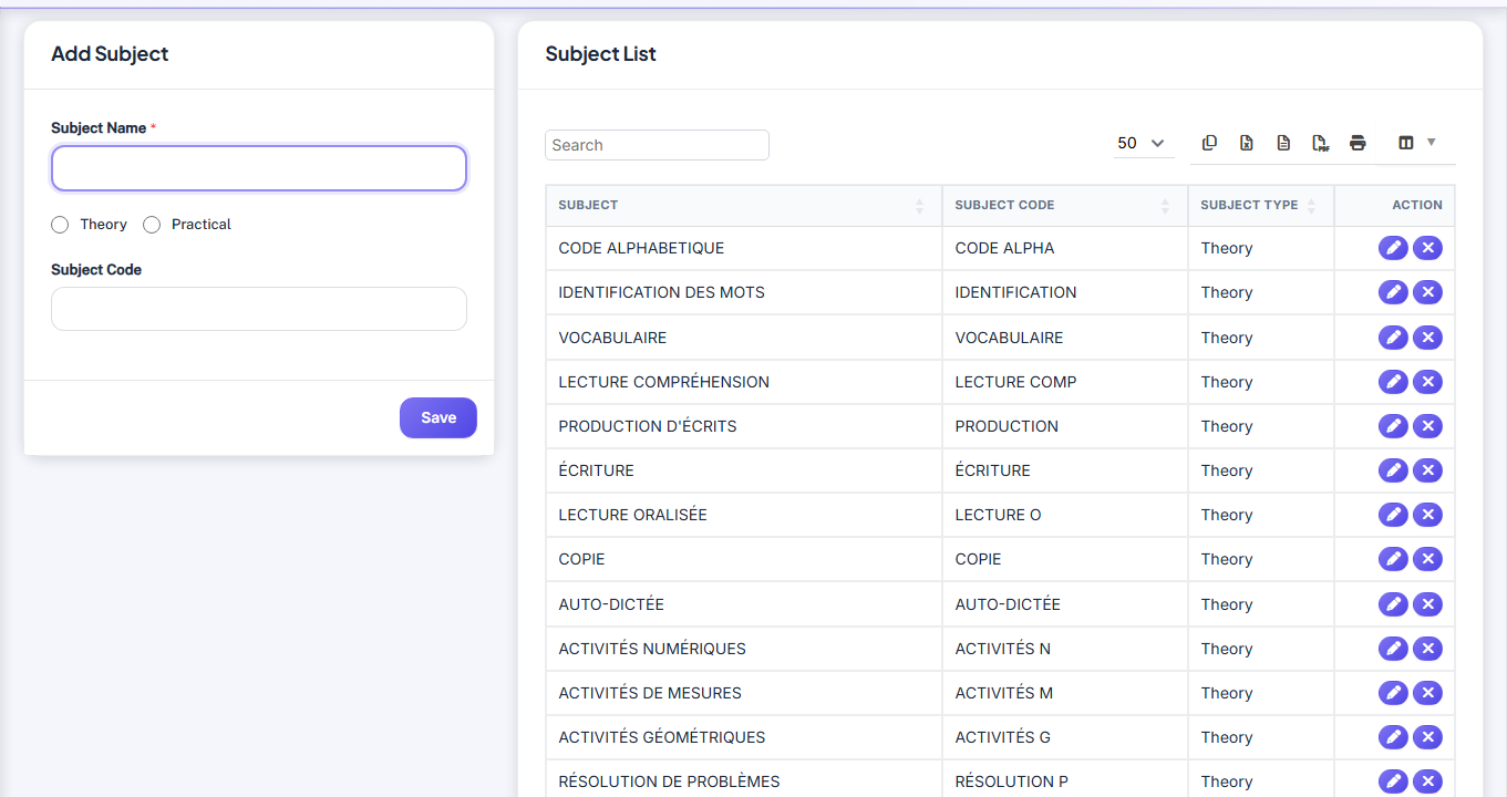 Pédagogie — Subjects screenshot