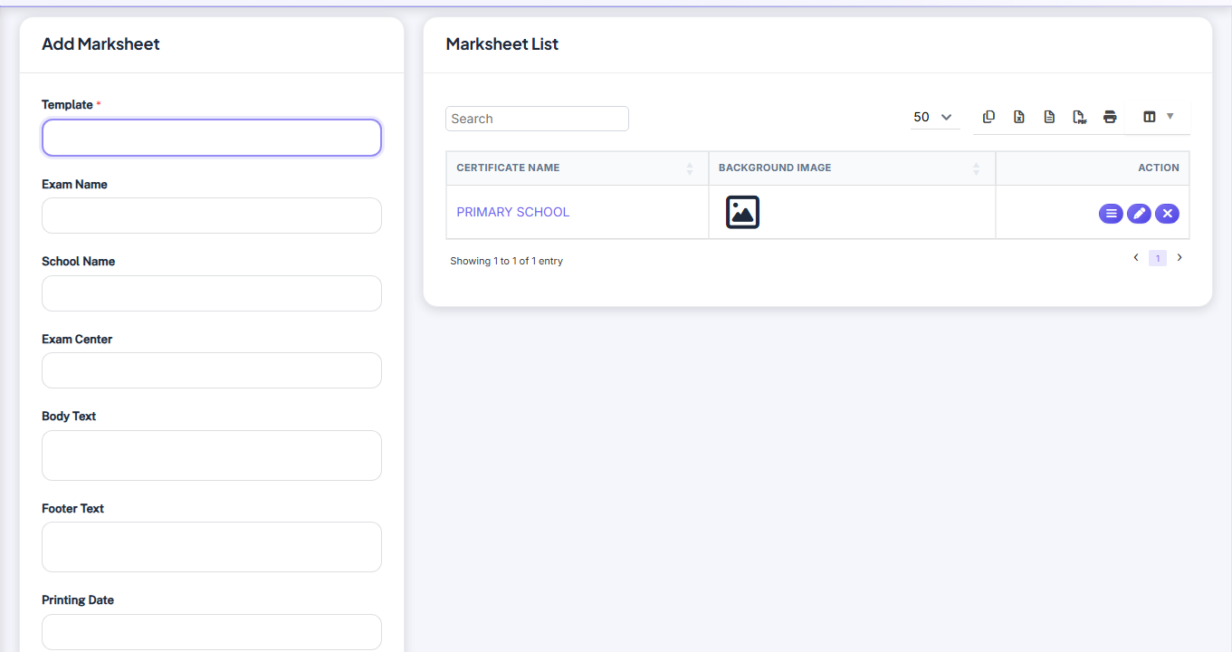 Examens — Design Marksheet screenshot