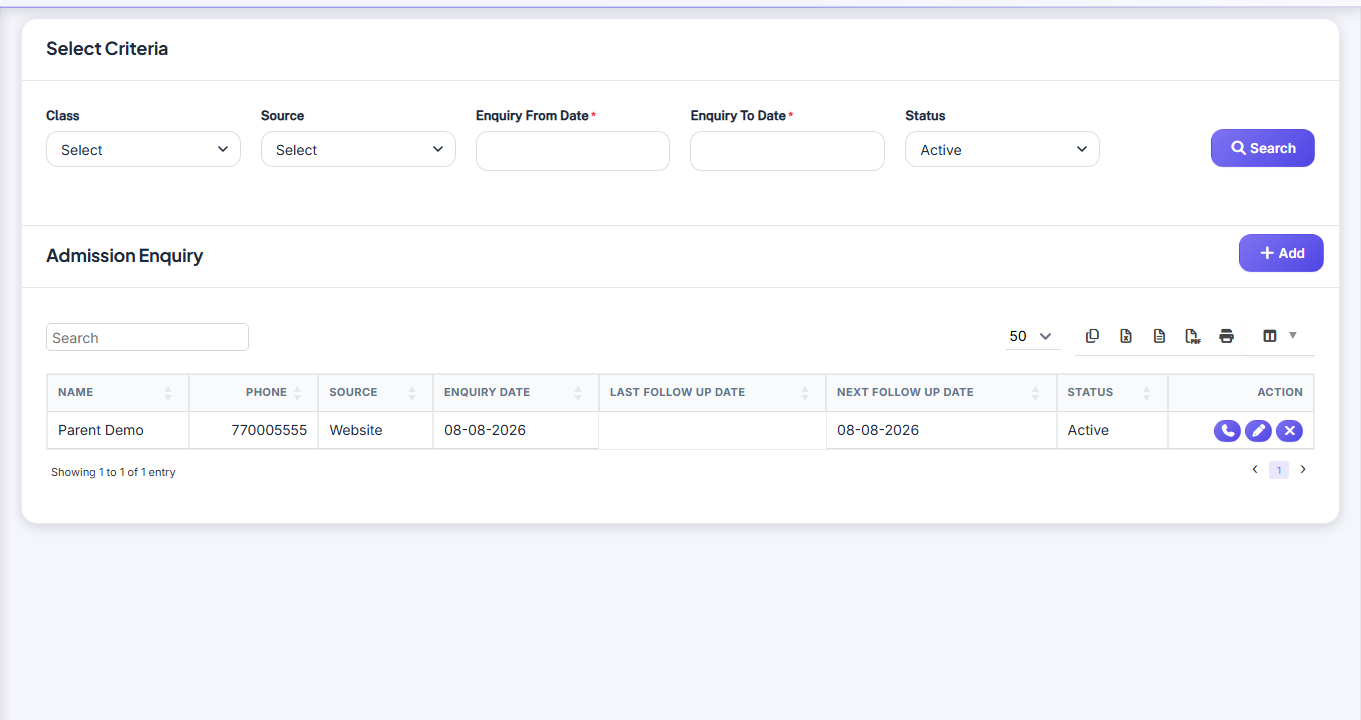 Accueil — Admission Enquiry screenshot