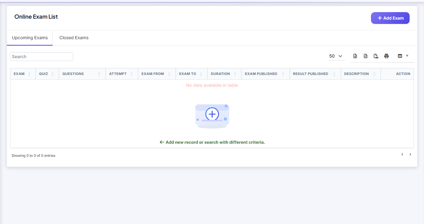 Examens en ligne — Online Exam list screenshot
