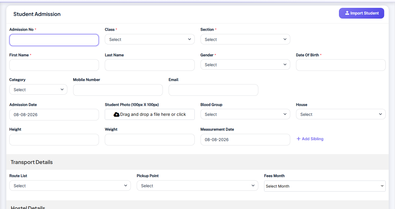 Informations élève — Admission form screenshot