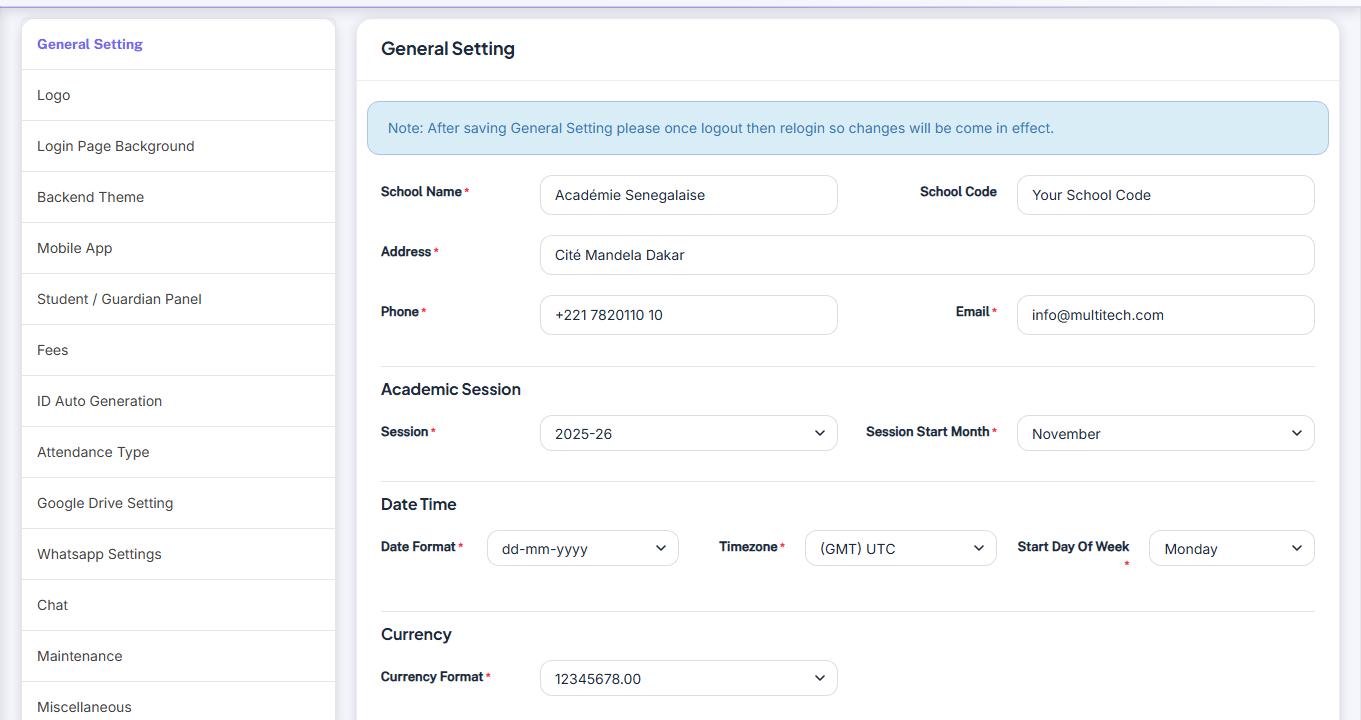 Paramètres système — General Setting screenshot