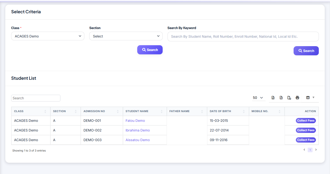 Encaissement des frais — Collect Fees screenshot